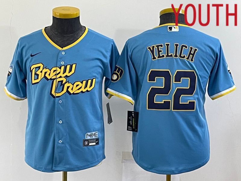 Youth Milwaukee Brewers #22 Yelich Blue City Edition Game Nike 2022 MLB Jersey->women mlb jersey->Women Jersey